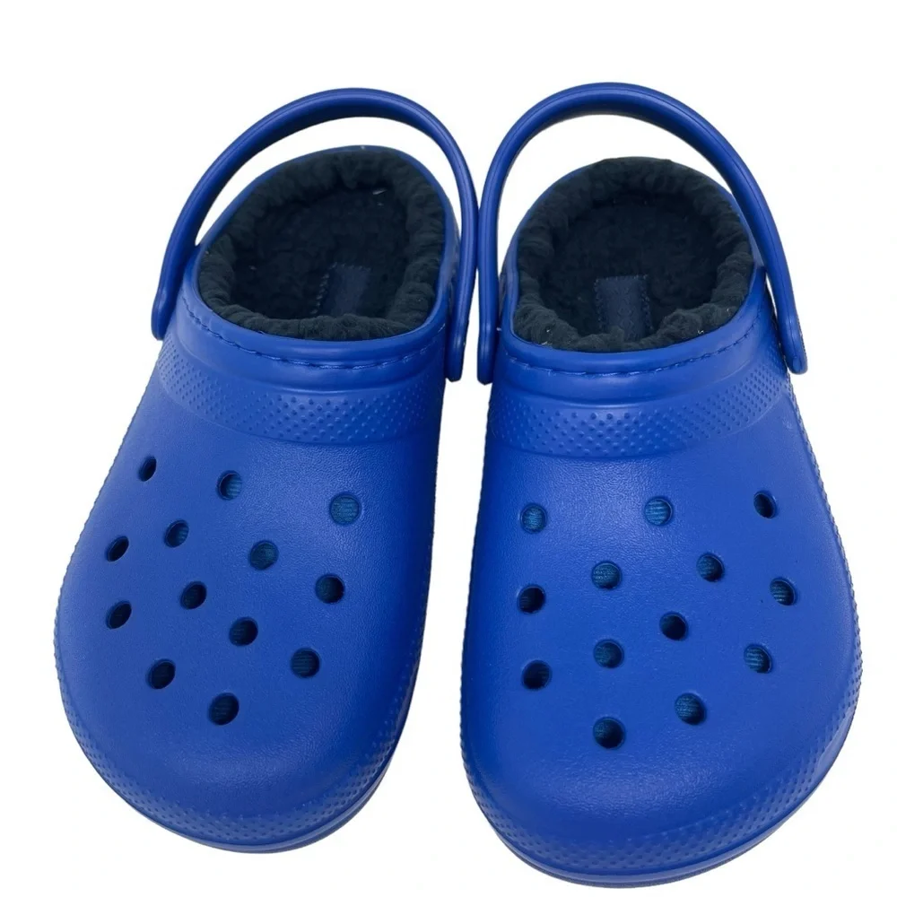 Crocs little boys Size 12 Classic comfy fur Lined Clog Sandals Blue Excellent